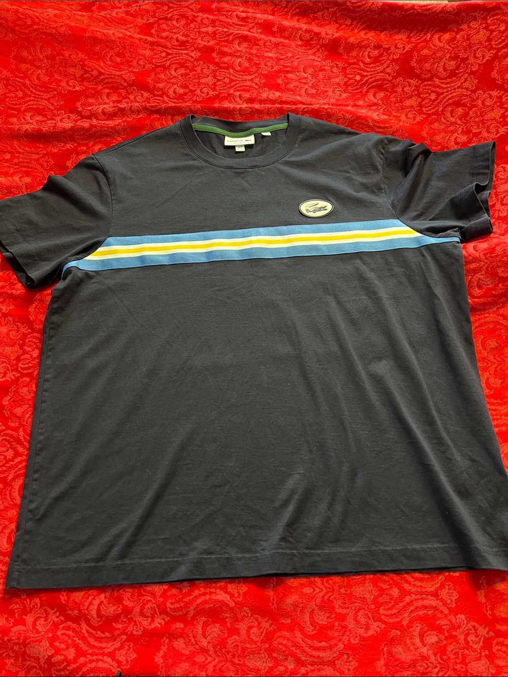 Lacoste Men's Navy Stripe Logo T-Shirt XXL Regular Fit Cotton Crewneck Tee